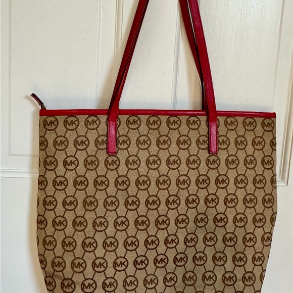 Michael Kors Red Handle Canvas Tote Bag Jet Set Messenger - Picture 4 of 8